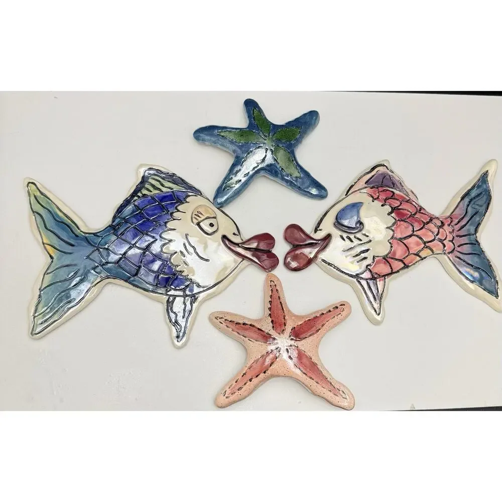 Blue Sky Clayworks Heather Goldminc Blue & Pink Kissy Fish & Starfish Wall Decor